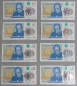 Eight consecutive Victoria Cleland polymer uncirculated UK £5 notes, AJ06512454-AJ06512461