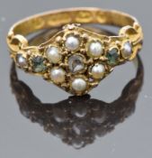 Victorian 15ct gold ring set with a rose cut diamond surrounded by seed pearls and tourmalines,
