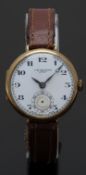 J W Benson 9ct gold gentleman's wristwatch with subsidiary seconds dial, blued hands, black Arabic