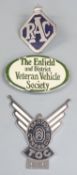 Enfield and District Veteran Vehicle Society enamel badge, width 10.5cm, enamel RAC badge and a