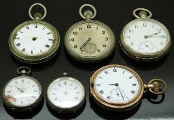 Six various pocket watches comprising a gold plated full hunter, two continental silver ladies fobs,