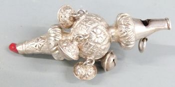 Victorian hallmarked silver baby's rattle and whistle, Birmingham 1874 maker's mark indistinct,