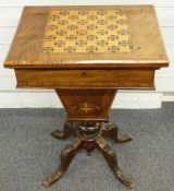 Victorian Tunbridge ware walnut games table with chess board top opening to reveal a tooled