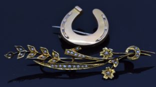 Edwardian 9ct gold brooch set with seed pearls and a Victorian horseshoe brooch, 5.2g
