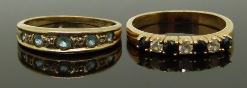 A 9ct gold ring set with aquamarine and diamonds and another ring, size M, 3.32g