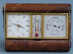 Angelus mid 20thC Swiss clock/barometer travel compendium, the baton numerals on metal dial with