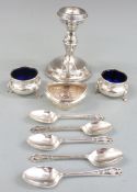 George V pair of hallmarked silver salts with blue glass liners, Chester 1913 maker James Deakin &