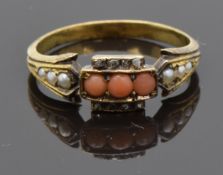 Georgian / Victorian yellow metal ring set with coral, seed pearls and diamonds, size M