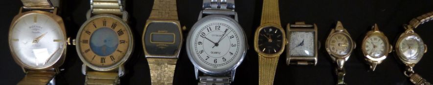 Nine various ladies and gentleman's wristwatches including one 9ct gold Art Deco style example.