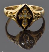 Victorian 15ct gold ring set with black enamel and old cut diamonds in a cross, Birmingham 1873,