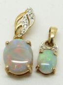Two 9ct gold pendants set with black opals and diamonds, 2.8g