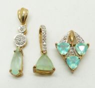 Two 9ct gold pendants set with Paraiba opals and diamonds and a 9ct gold pendant set with Paraiba