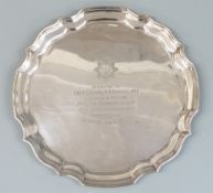 Hallmarked silver tray with shaped edge and Cheshire Regiment military interest inscription,