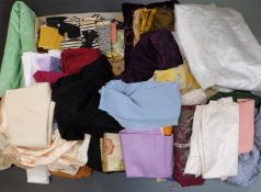 Three boxes of fabric remnants, 19thC and later ribbons to include velvet, silk, brocade etc