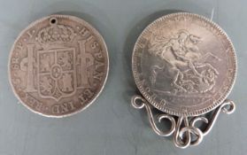 George III 1819 crown on mount together with an 1822 Ferdinand VII Hispanic 8 Reale coin (