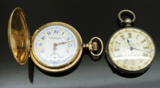 Two pocket watches one E Fatrghild & Co gold plated keyless winding full hunter the other Bauer fine