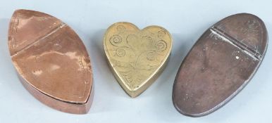 Three metal snuff or similar boxes comprising a copper double ended example marked Watkins maker,