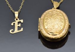 A 9ct gold locket and chain and a 9ct gold 'E' pendant and chain, 5.5g