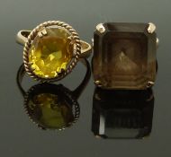 Two 9ct gold rings set with quartz, size O & F/G, 11.25g