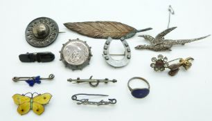 A collection of silver brooches including enamel butterfly set, marcasite pheasant, Victorian