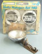 Hella Halogen Set 140, pair of car rally spotlights in original box and a Lucas spotlight