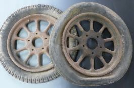 Pair of veteran or vintage car artillery wheels fitted with 20 inch tyres