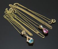 Two 9ct gold pendants, one set with an oval cut topaz and one pear cut pink sapphire and a
