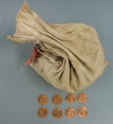 Five pounds worth of uncirculated QEII pennies, in sealed canvas bank bag labelled Dec 1968