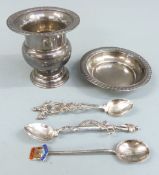 White metal pin dish together with a matching vase, two spoons marked 915 and a hallmarked silver