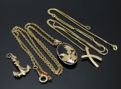 A 9ct gold pendant set with a diamond on 9ct gold chain, 9ct gold anchor pendant (3.2g) and a 14k
