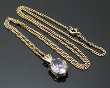 A 9ct gold pendant set with an oval cut amethyst on a 9ct gold chain, 4.5g