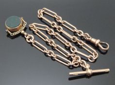 Victorian/ Edwardian 9ct rose gold Albert made up of circular and oval links with a 1906 Edwardian