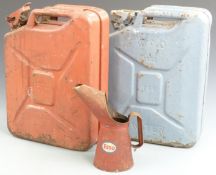 Two Jerry cans, one War Department dated 1952 and marked Water, together with an Esso oil jug,