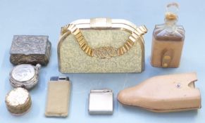 Stratton clutch bag, 'Rachel' vintage powder pot, glass perfume bottle in leather case, white