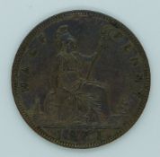 Queen Victoria 1871 bun head halfpenny, TB, OT, dark tone, VF+