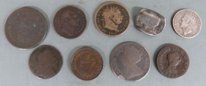 Small collection of coins to include Queen Anne 1711 shilling, William IV farthing, George III
