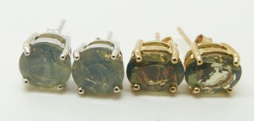 Two pairs of 9ct gold earrings set with green fire opals, 3.2g
