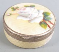Floral and guilloche enamel hallmarked silver pill box with rose decoration, import marks for London