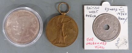 George V 1935 rocking horse crown, 1936 Edward VIII British West African penny and a WWI peace