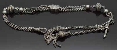 Victorian white metal leontine/ fob chain with tassel and engraved slider, 25.3g