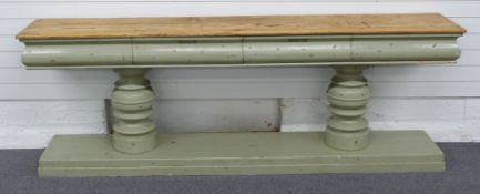 A painted pine sideboard or buffet with two drawers, W240 x D45 x H84cm