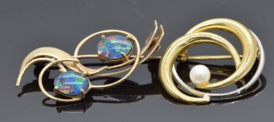 Two 9ct gold brooches, one set with a pearl the other opal triplets, 4.7g