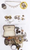 A collection of jewellery and watches including Art Deco brooch, Bravingtons ring sizer, diamanté