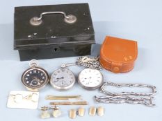 Three keyless winding open faced pocket watches, one continental silver, one military style with