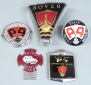 Five Rover car badges including P6 Owners Club enamel example, height 9.5cm, P4 Drivers Guild, and