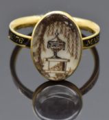 Georgian mourning ring set with an ivory plaque depicting an urn and willow tree, with black