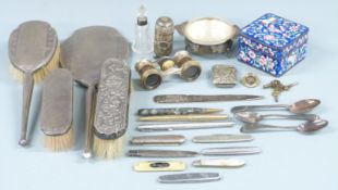 Hallmarked silver dressing table items comprising hand mirror and four brushes, Chinese white