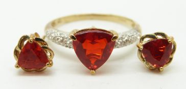 A 9ct gold ring set with a trilliant cut Salamanca fire opal and diamonds and a pair of 9ct gold