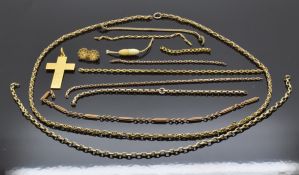 Strands of 9ct gold/ yellow metal Victorian chains (33g), ivory clasp, and a Victorian cross pendant