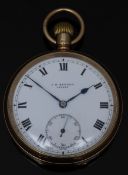 J W Benson of London 9ct gold open faced keyless winding pocket watch with black Roman numerals,